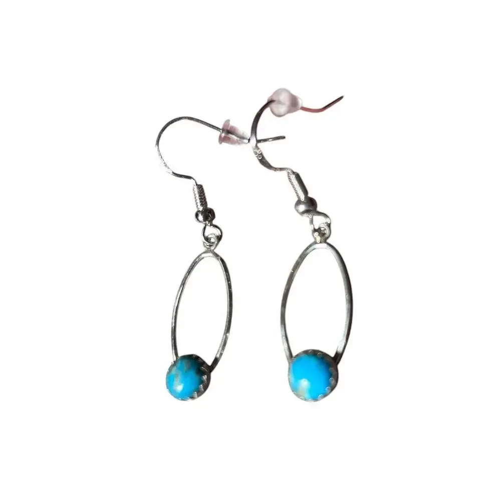 Sterling Silver & Kingman Turquoise Dangle Drop Oval Earrings Hand Crafted New - Picture 4 of 7